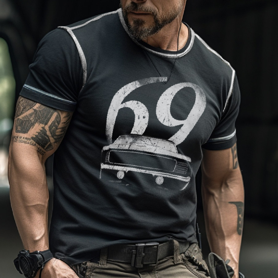 

Men's Comfortable Breathable Stretch Henley Number 69 Motorcycle Graphic Printed Crew Neck T-Shirt