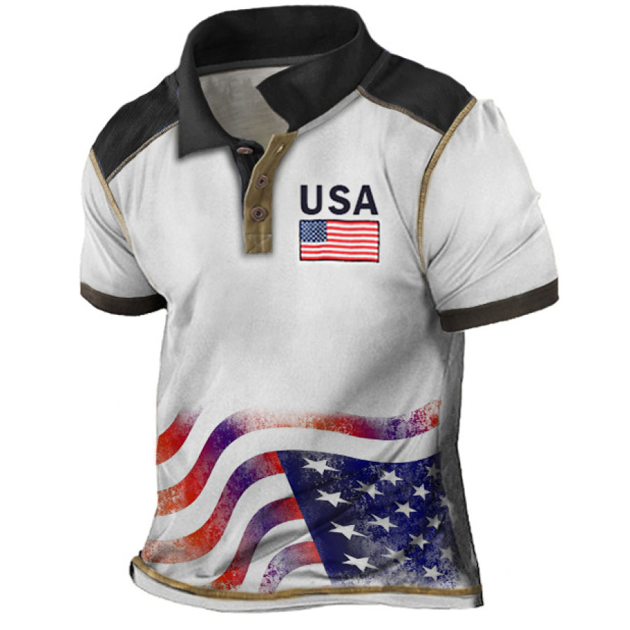 

Men's Vintage USA American Flag Colorblock Polo Short Sleeve T-Shirt