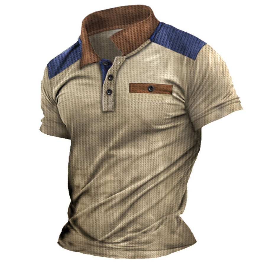 

Men's Vintage Waffle Pocket Colorblock Polo Short Sleeve T-Shirt