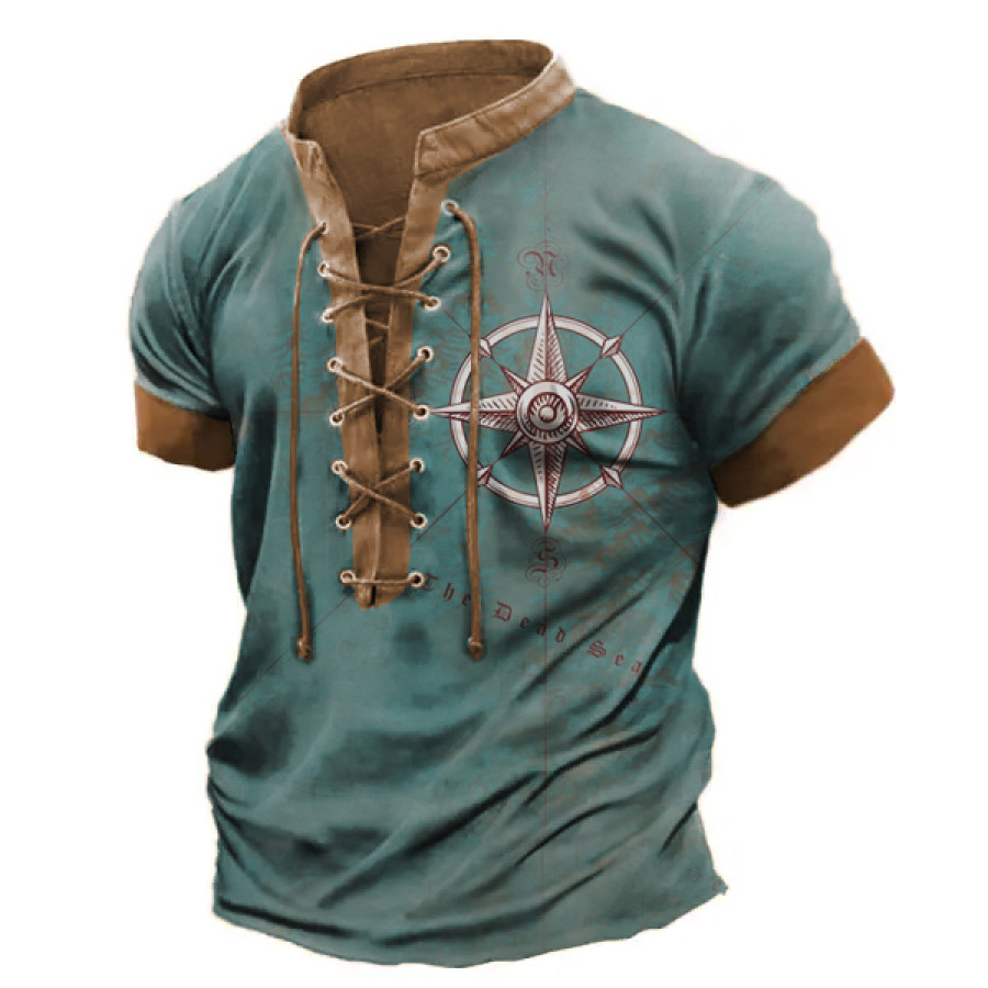 

Men's Vintage Nautical Compass Print Lace Up T-Shirt