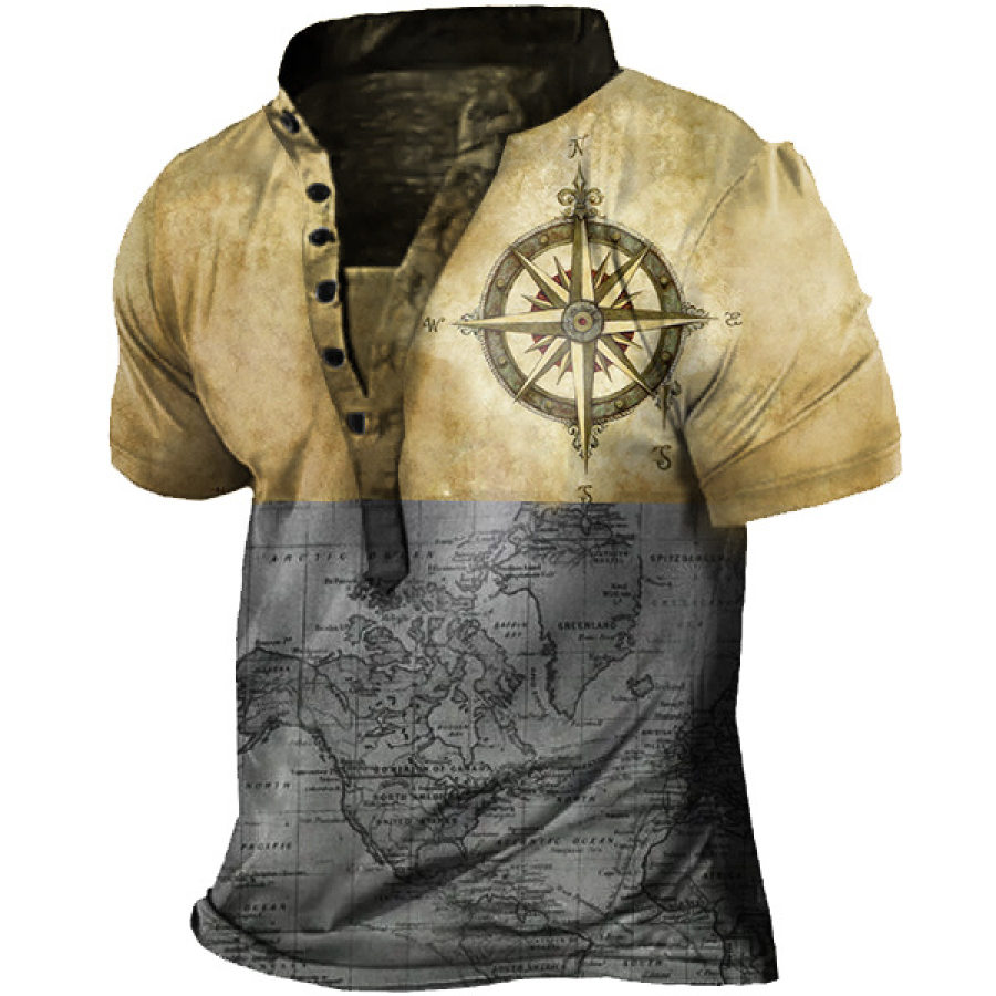

Men's Vintage Nautical Compass Print Stand Henley T-Shirt