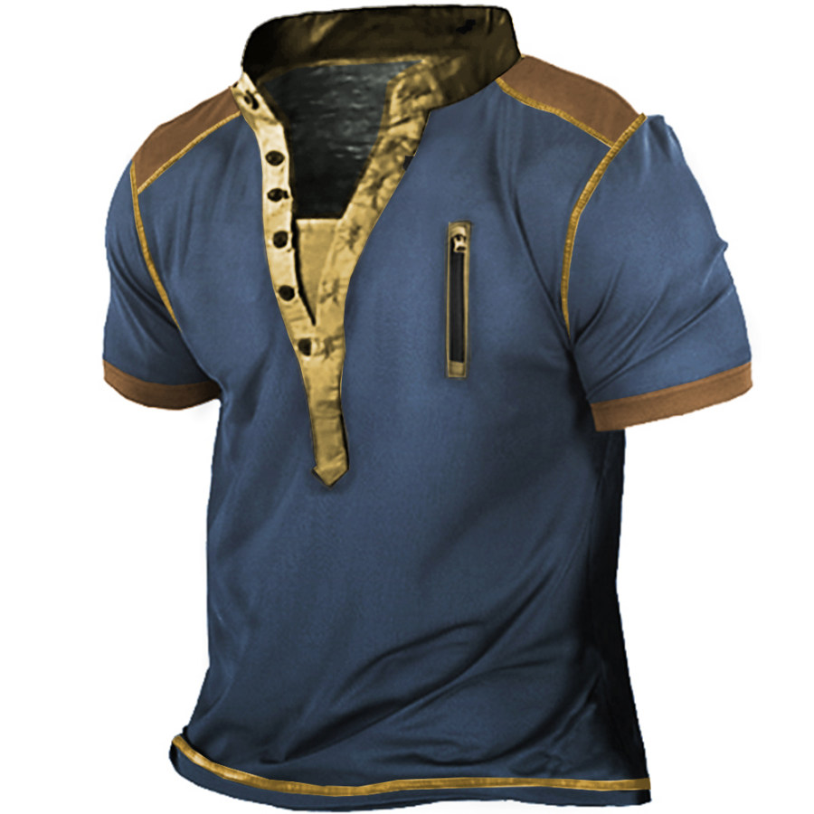 

Men's Vintage Contrast Zipper Pocket Henley Collar T-Shirt