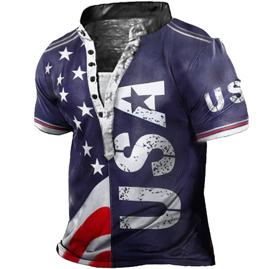 

Men's Vintage American Flag Print Henley Collar T-Shirt