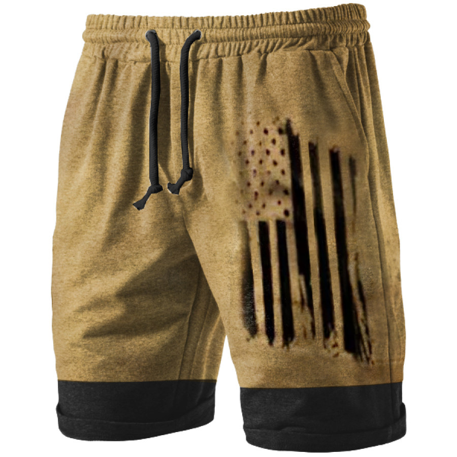 

Men's Vintage American Flag Colorblock Print Casual Shorts