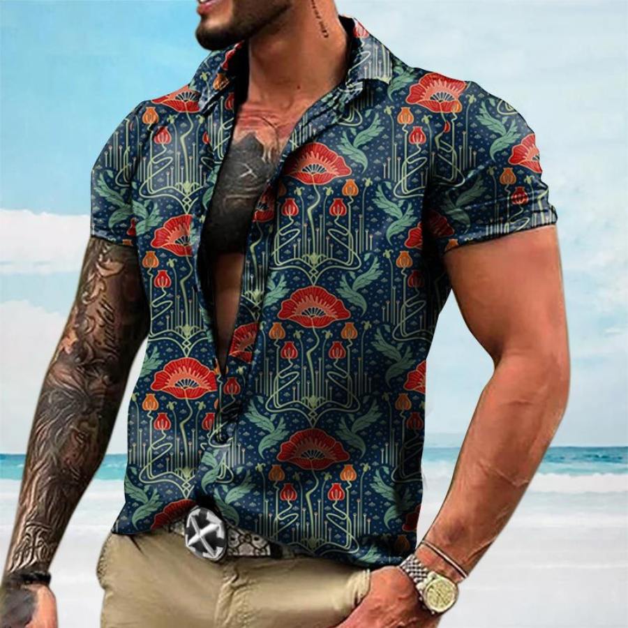 

Camicia Casual A Maniche Corte Con Stampa Rosso Papavero Art Nouveau Da Uomo