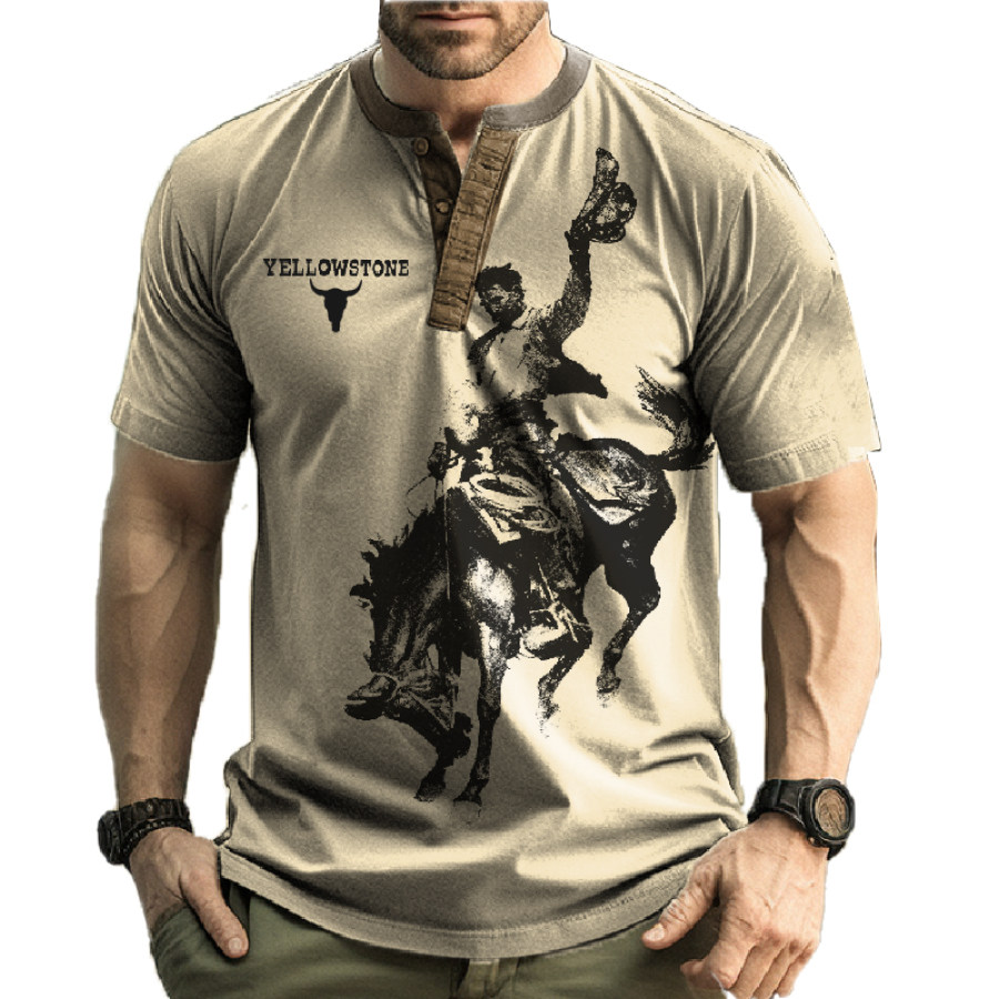 

Men's Vintage Western Denim Yellowstone Solid Henley Collar T-Shirt