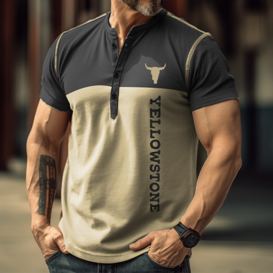 

Men's Vintage Outdoor Color Panel Western Yellowstone Henley Collar T-Shirt