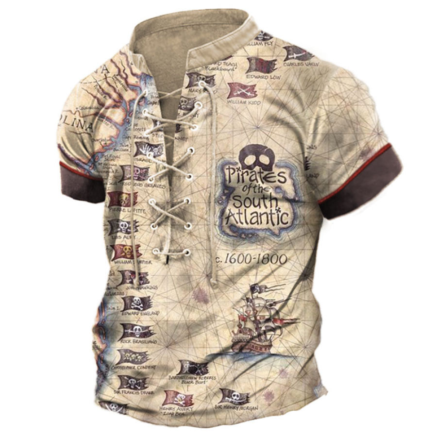 

Men's Vintage Nautical Pirate Print Lace-Up T-Shirt