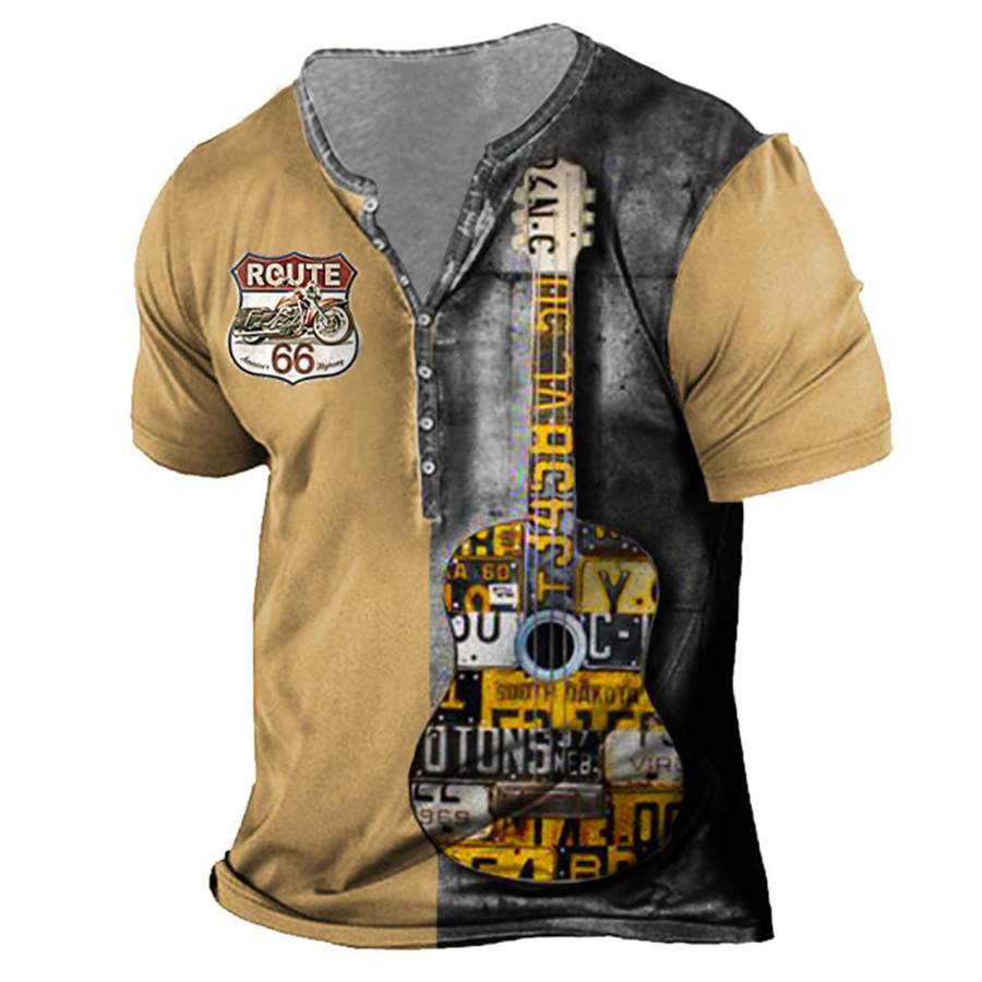

Men's Vintage Guitar Route 66 Colorblock Henley T-Shirt
