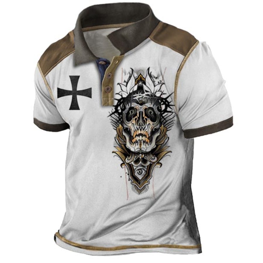 

Men's Vintage Skull Cross Colorblock Polo T-Shirt