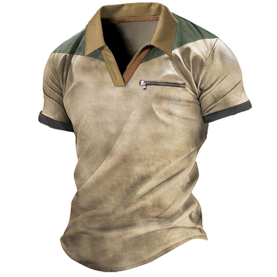 

Men's Vintage Tactical Zip Pocket Colorblock Polo T-Shirt