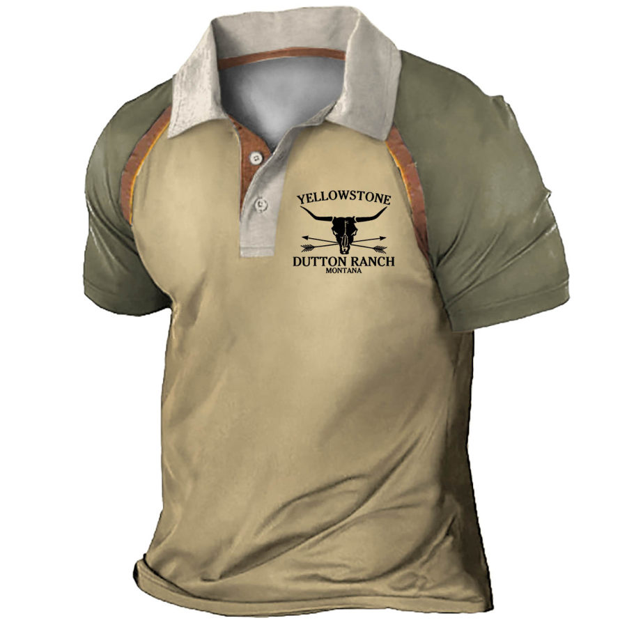 

Men's Vintage Yellowstone Skull Bull Colorblock Polo T-Shirt