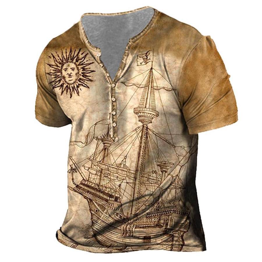 

Men's Vintage Nautical Sailing Sun Print Henley T-Shirt