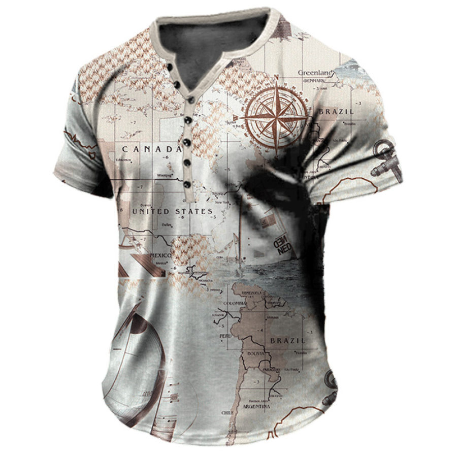 

Men's Vintage Nautical Print Henley T-Shirt