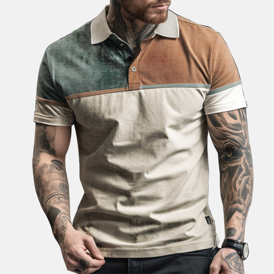 

Men's Retro Comfortable Breathable Stretch Color Stitching Polo Collar T-shirt
