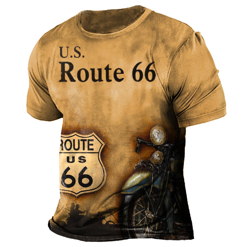 Men's Vintage Route 66 Motorcycle Print Short Sleeve T-Shirt