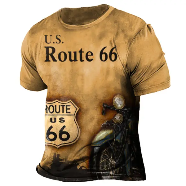 Men's Vintage Route 66 Motorcycle Print Short Sleeve T-Shirt - Blaroken.com 