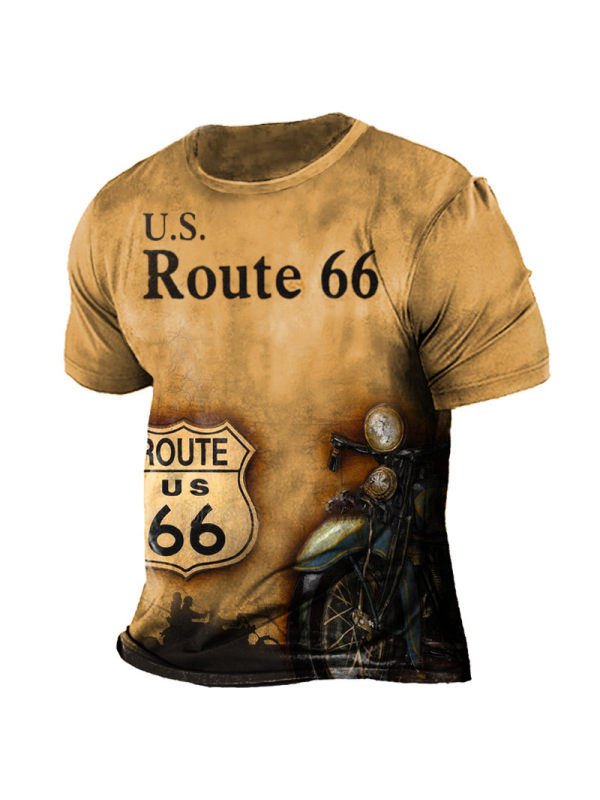 Men's Vintage Route 66 Motorcycle Print Short Sleeve T-Shirt