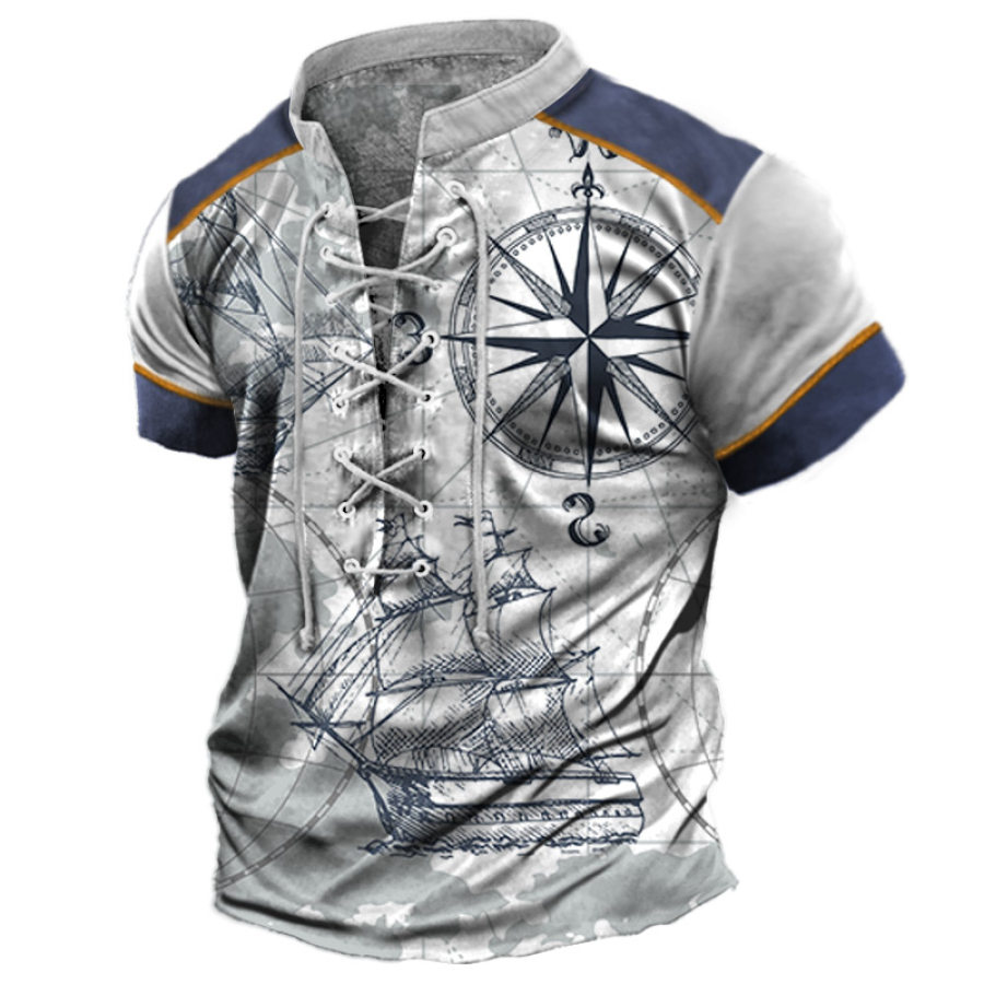 

Men's Vintage Nautical Compass Colorblock Lace-Up T-Shirt