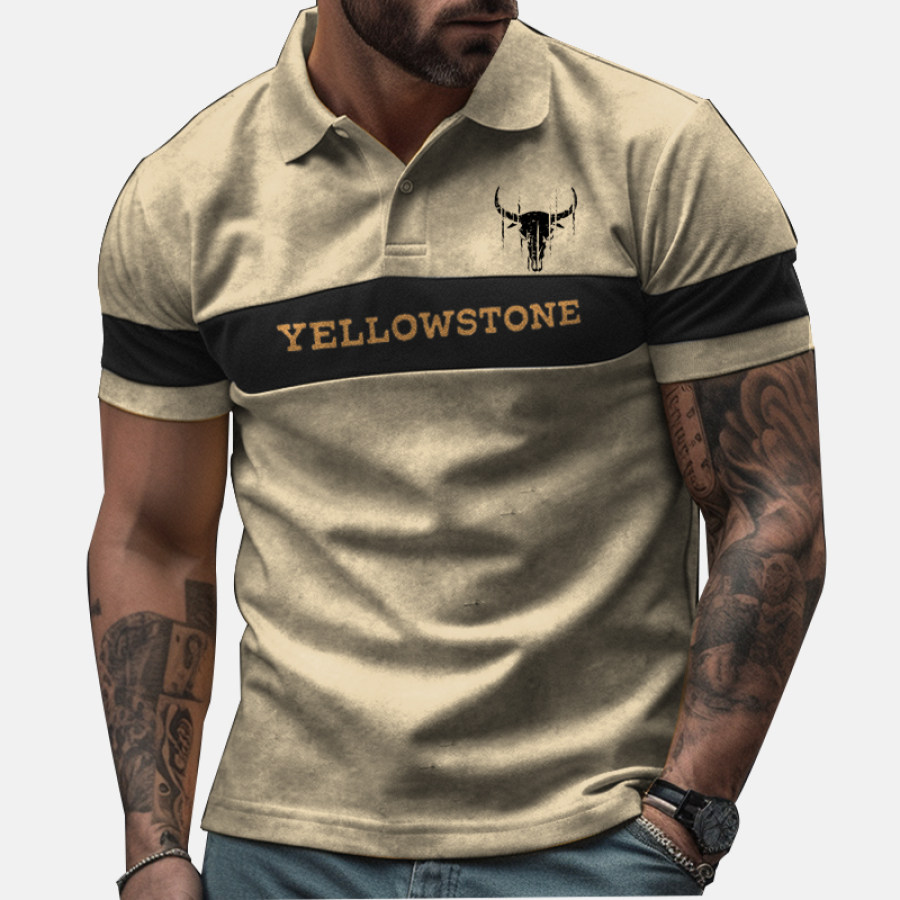 

Men's Vintage Color Panel Western Yellowstone Graphic Print Polo Neck T-Shirt