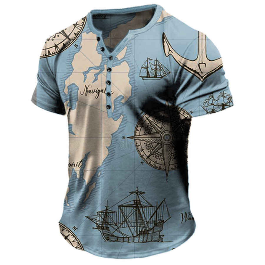 

Men's Vintage Nautical Map Print Henley T-Shirt