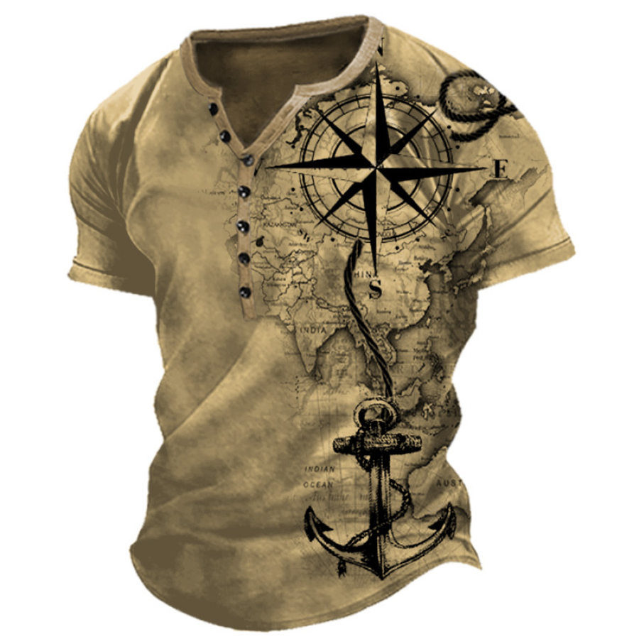 

Men's Vintage Anchor Compass Print Henley T-Shirt
