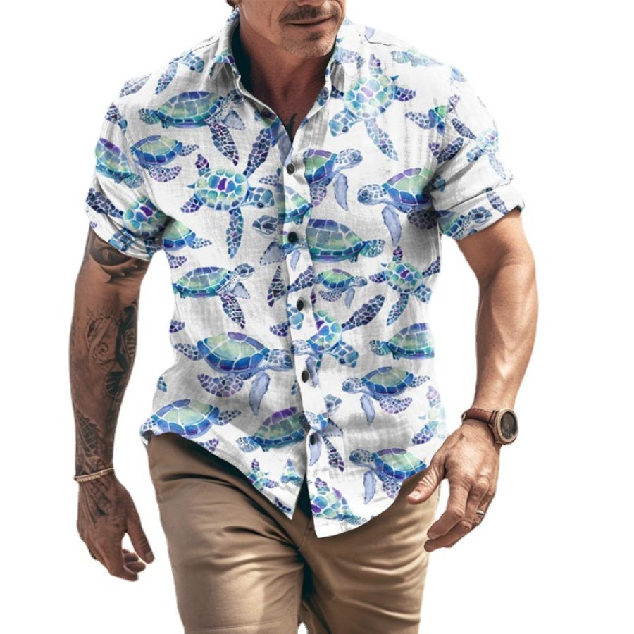 

Men's Hawaiian Turtles In Aqua Print Shirt