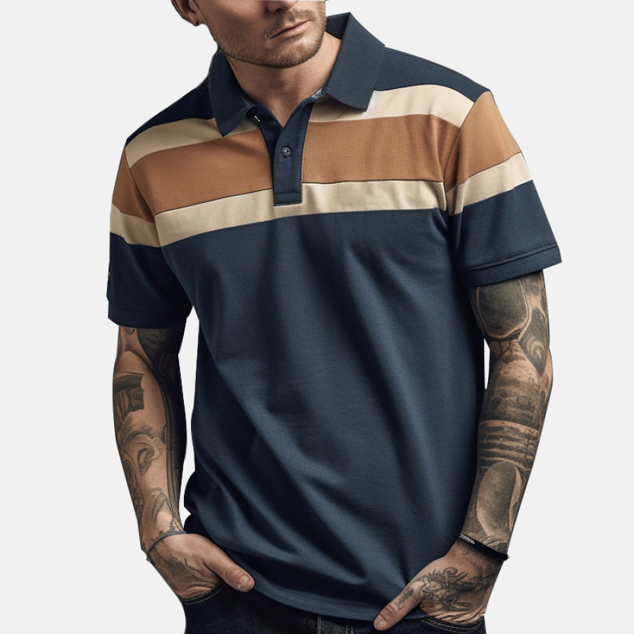 

Men's Retro Comfortable Breathable Stretch Color Stitching Polo Collar T-shirt
