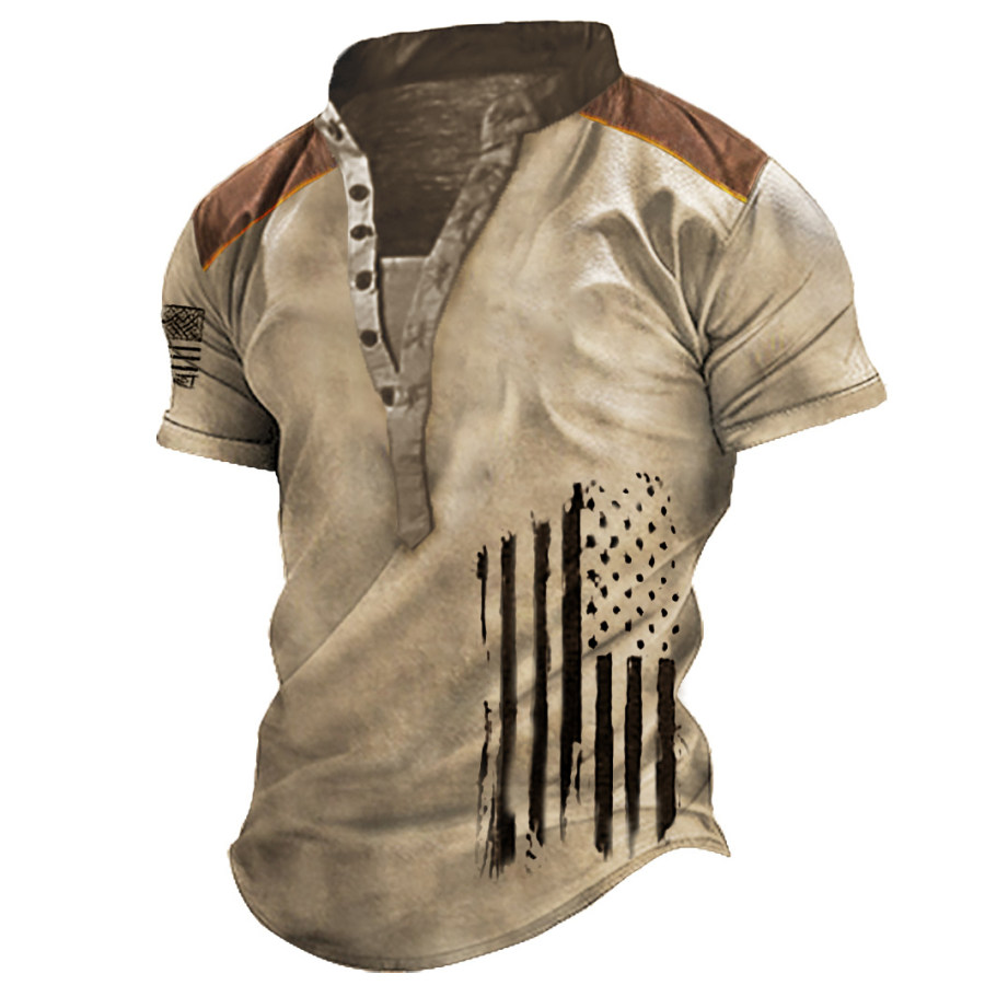 

Men's Vintage American Flag Print Henley T-Shirt