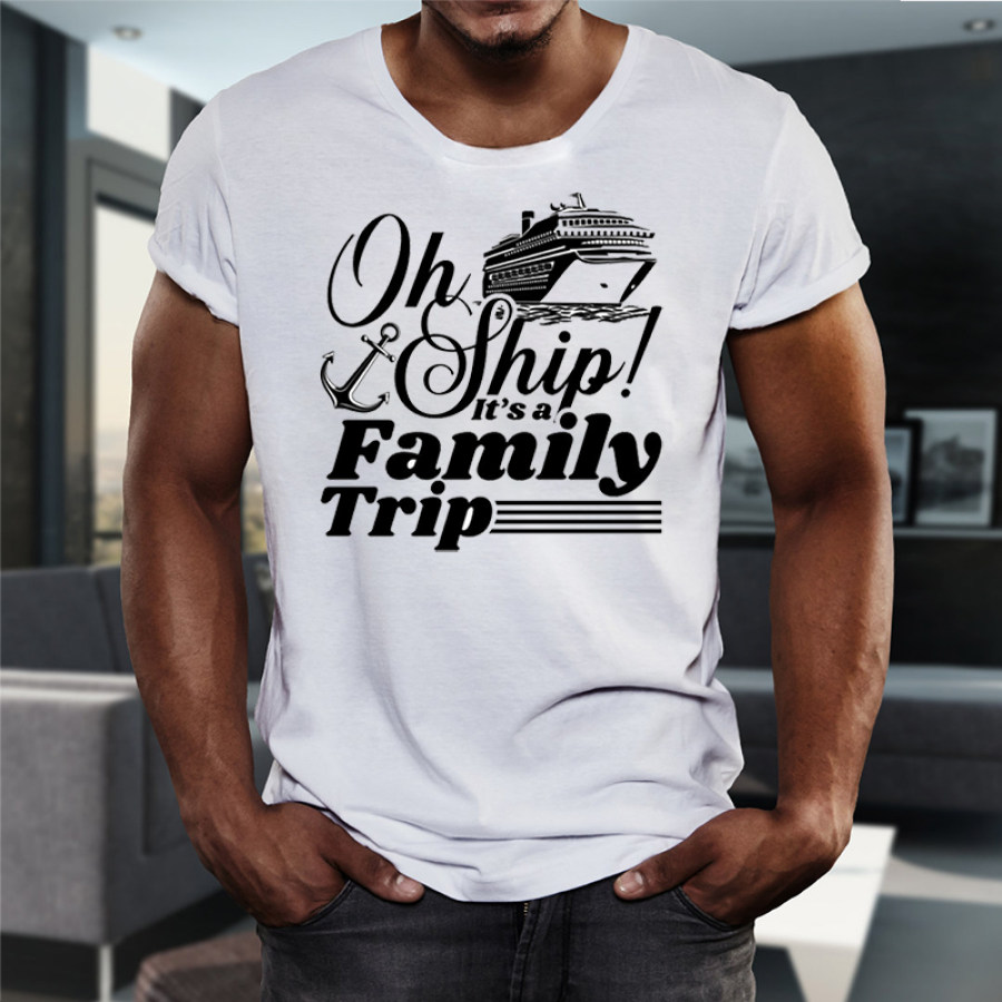 

On Ship It's A Family Vacation Men's Vintage Graphic Print Cotton T-Shirt