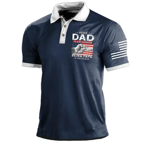 Men's Vintage American Flag Being Dad Is An Honor Being Papa Print Polo Short Sleeve T-Shirt - Blaroken.com 