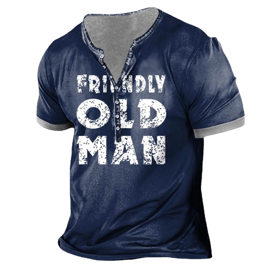 

Men's Vintage Old Man Print Henley Short Sleeve T-Shirt