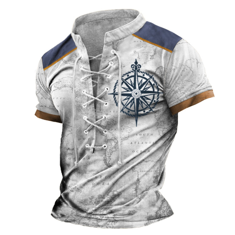 

Men's Vintage Nautical Map Compass Lace-Up Stand Collar T-Shirt