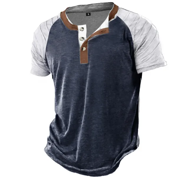 Men's Outdoor Pleated Raglan Sleeves Henley Stand Collar T-Shirt - Blaroken.com 