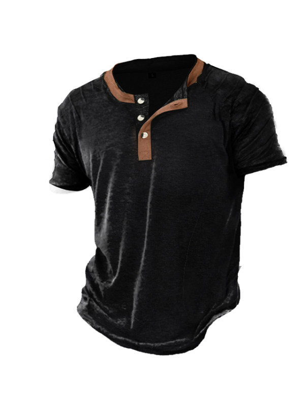 Men's Vintage Colorblock Henley Short Sleeve T-Shirt