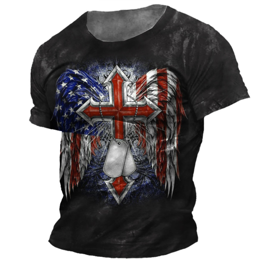 

Men's Vintage American Flag Jesus Cross Print T-Shirt