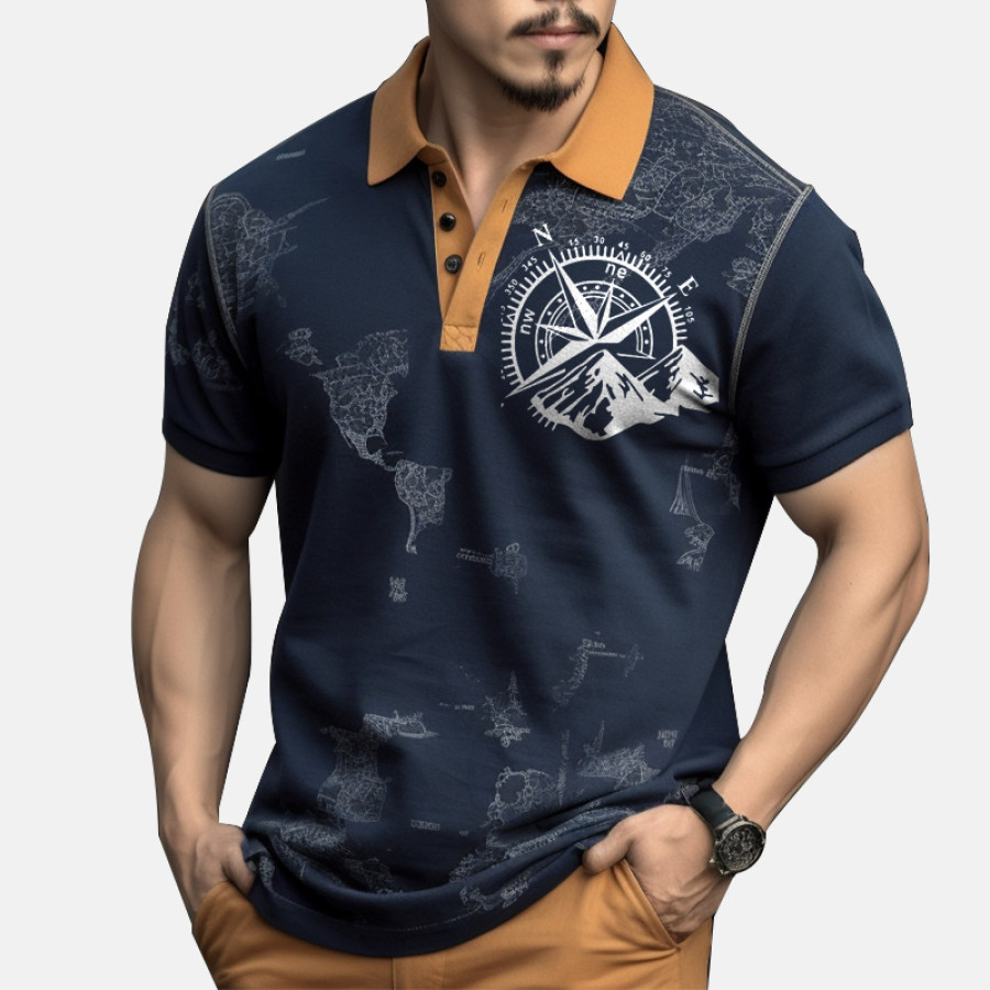 

Men's Outdoor Color Stitching Direction Compass Graphic Print Polo Collar T-shirt