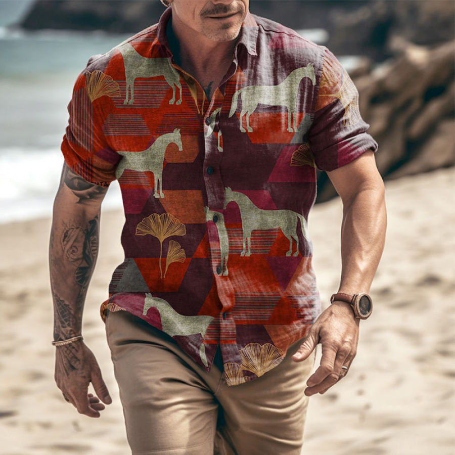 

Men's Hawaiian Horse Print Casual Short Sleeve Shirt