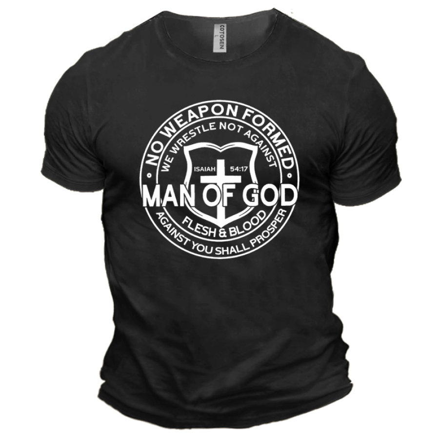 

No Weapon Formed Man Of God We Wrestle Not Against Men's Cotton Short Sleeve T-Shirt