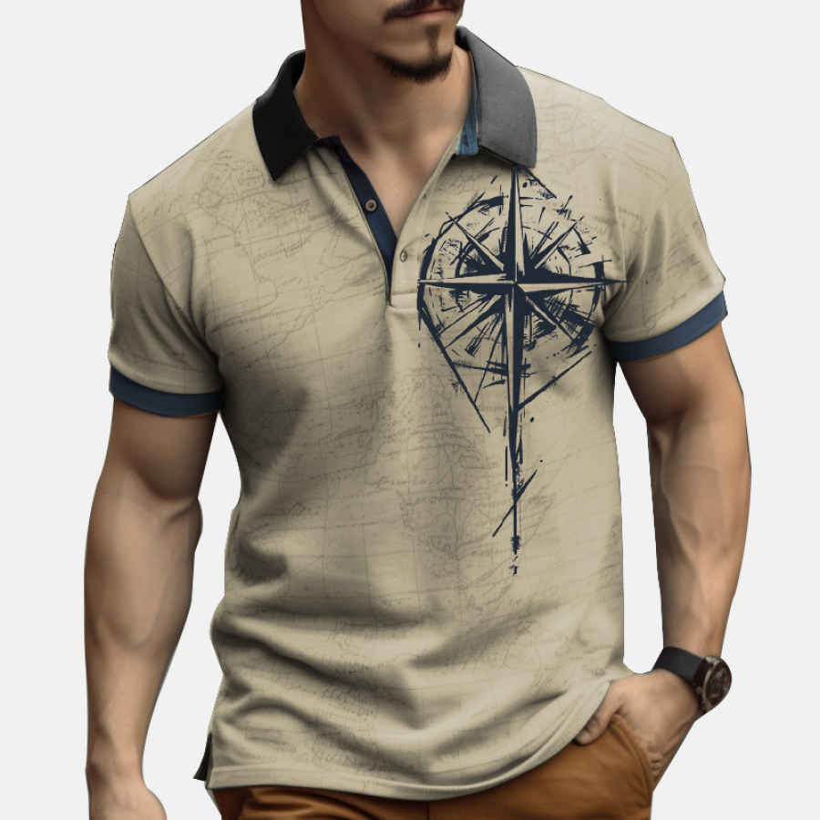 

Men's Outdoor Direction Compass World Map Graphic Print Polo Collar T-shirt