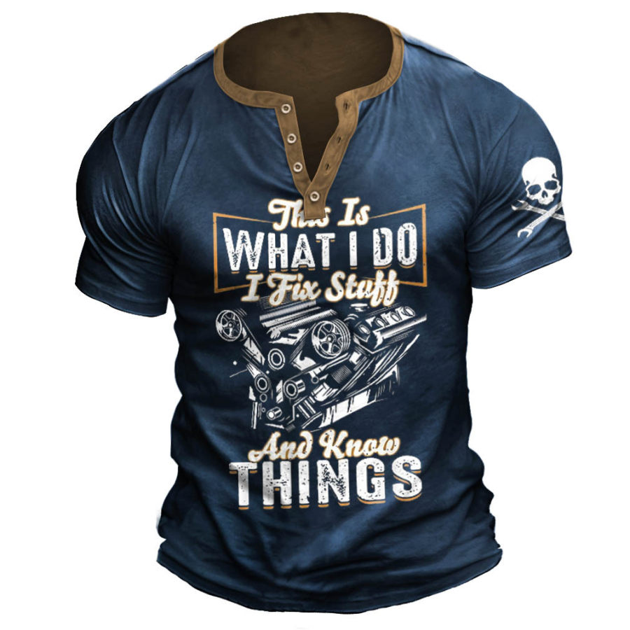

Men's Vintage I Fix Stuff Skull Print Henley T-Shirt