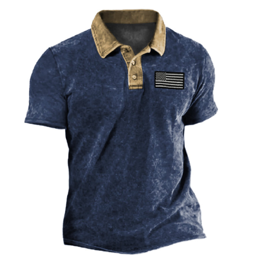 

Men's Vintage American Flag Colorblock Polo T-Shirt