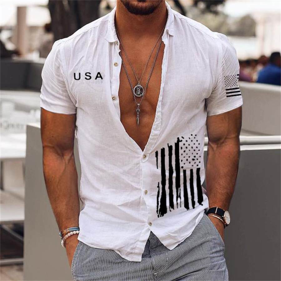 

Men's American Flag USA Print Hawaiian Beach Short Sleeve Shirt