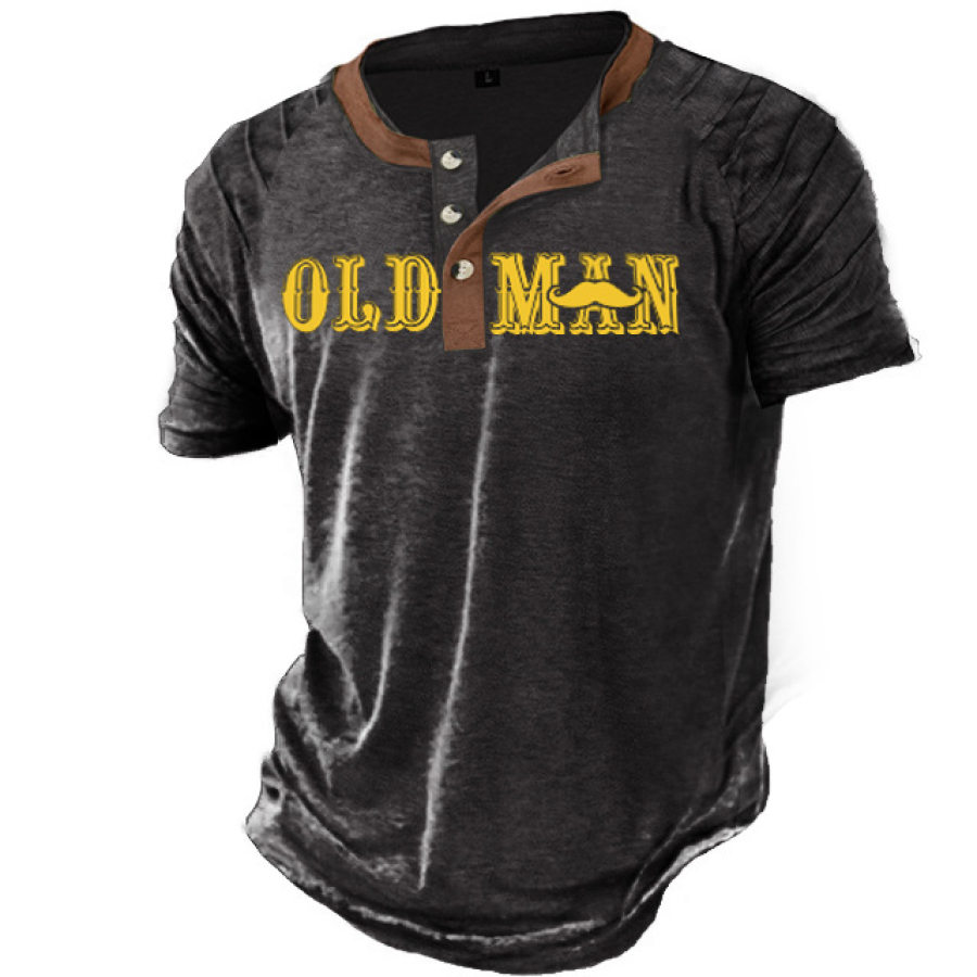 

Men's Vintage Old Men Print Henley Stand Collar T-Shirt