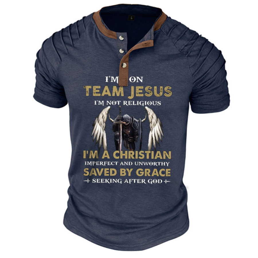

I'm On Team Jesus Men's Pleated Henley Cotton T-Shirt