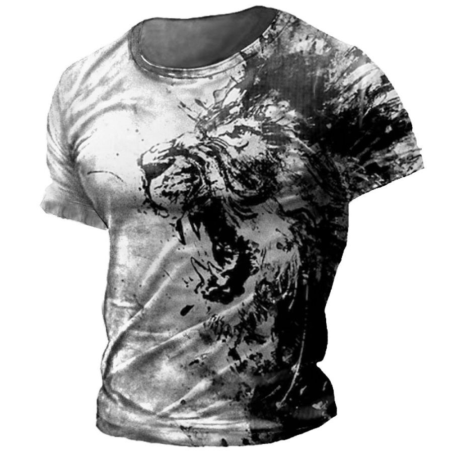

Men's Retro 3D Lion Print Crew Neck T-Shirt