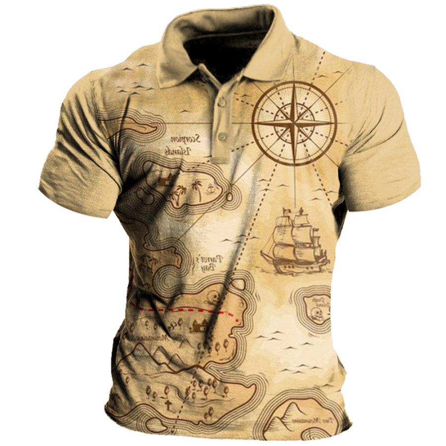 

Men's Vintage Nautical Map Compass Print Polo Neck T-Shirt