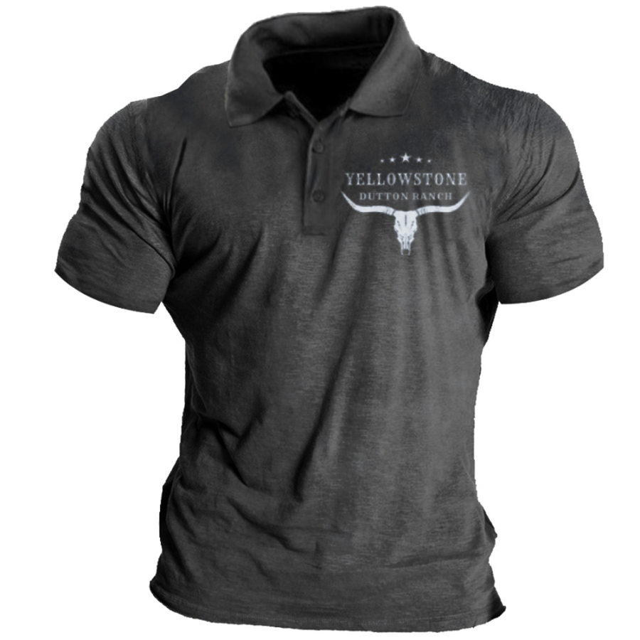 

Men's Vintage Western Yellowstone Print Polo Neck T-Shirt