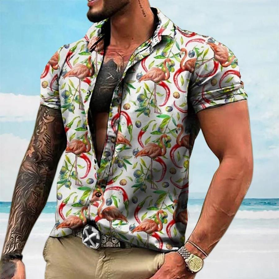 

Men's Hawaiian Flamingo Print Short Sleeve Shirt