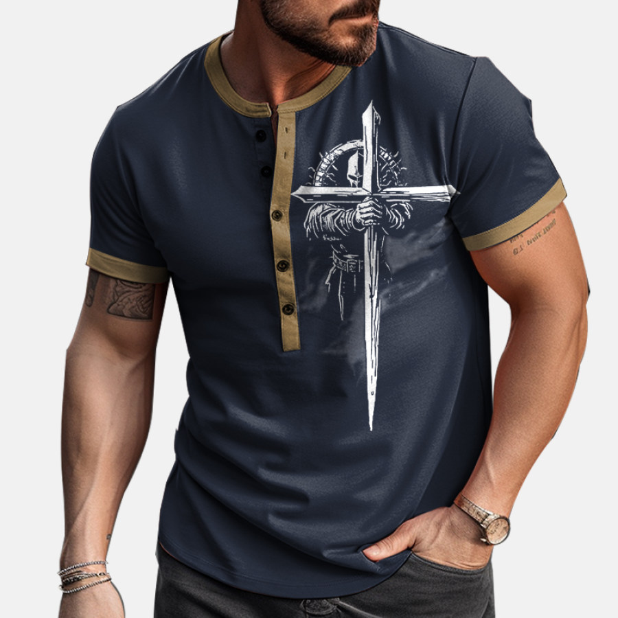 

Men's Comfortable Breathable Stretch Vintage Crusaders Cross Graphic Henley Collar T-Shirt